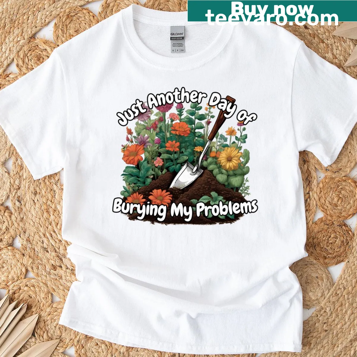 Humorous gardening graphic on a T-shirt about burying problems — on a men's t-shirt