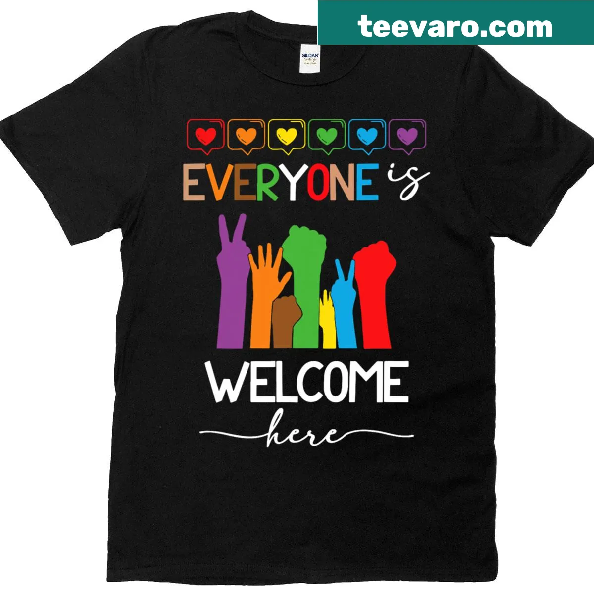Teacher shirt with 'Everyone Is Welcome Here' and rainbow design — on a men's t-shirt