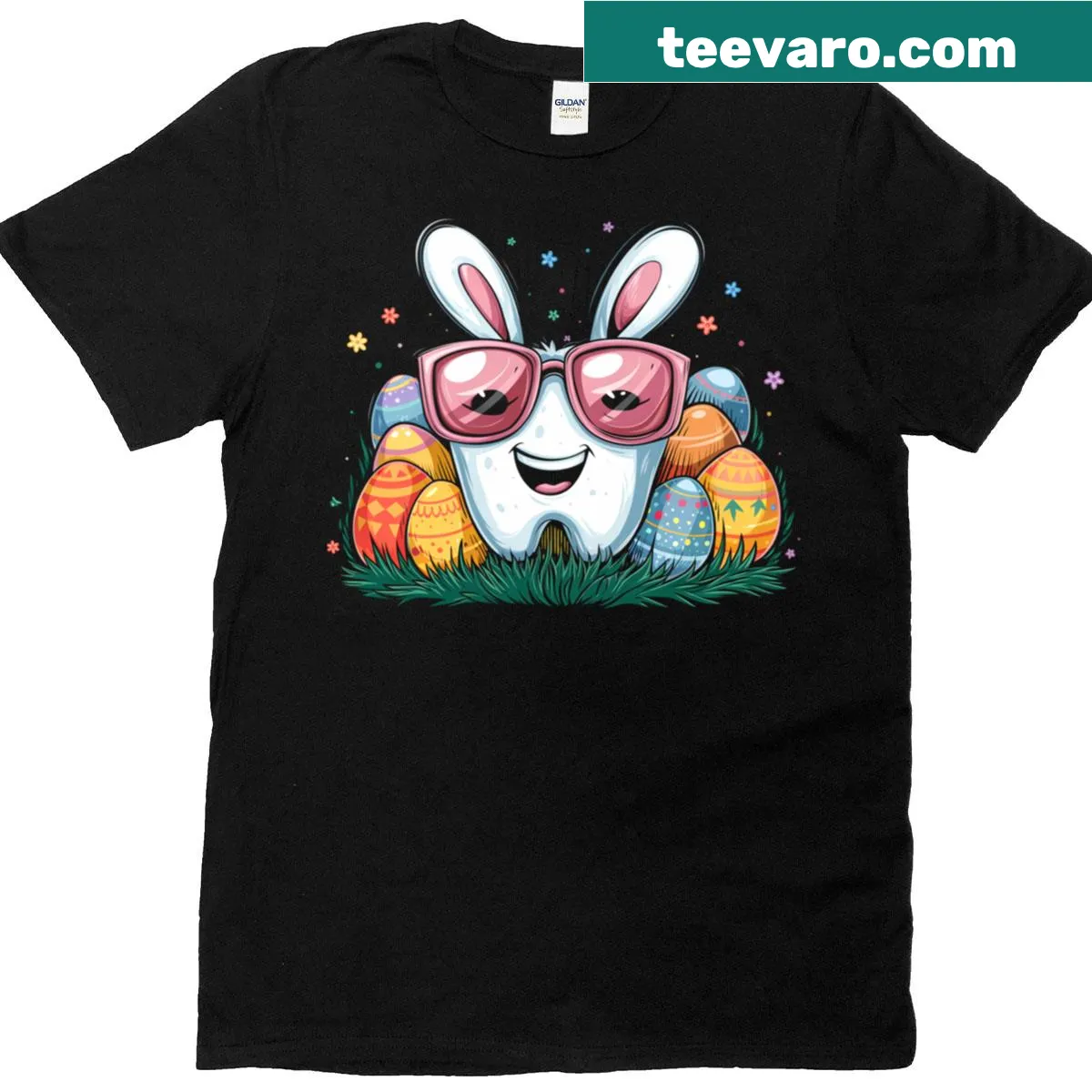 Funny dentist Easter t-shirt with tooth glasses graphic and playful slogan — on a men's t-shirt