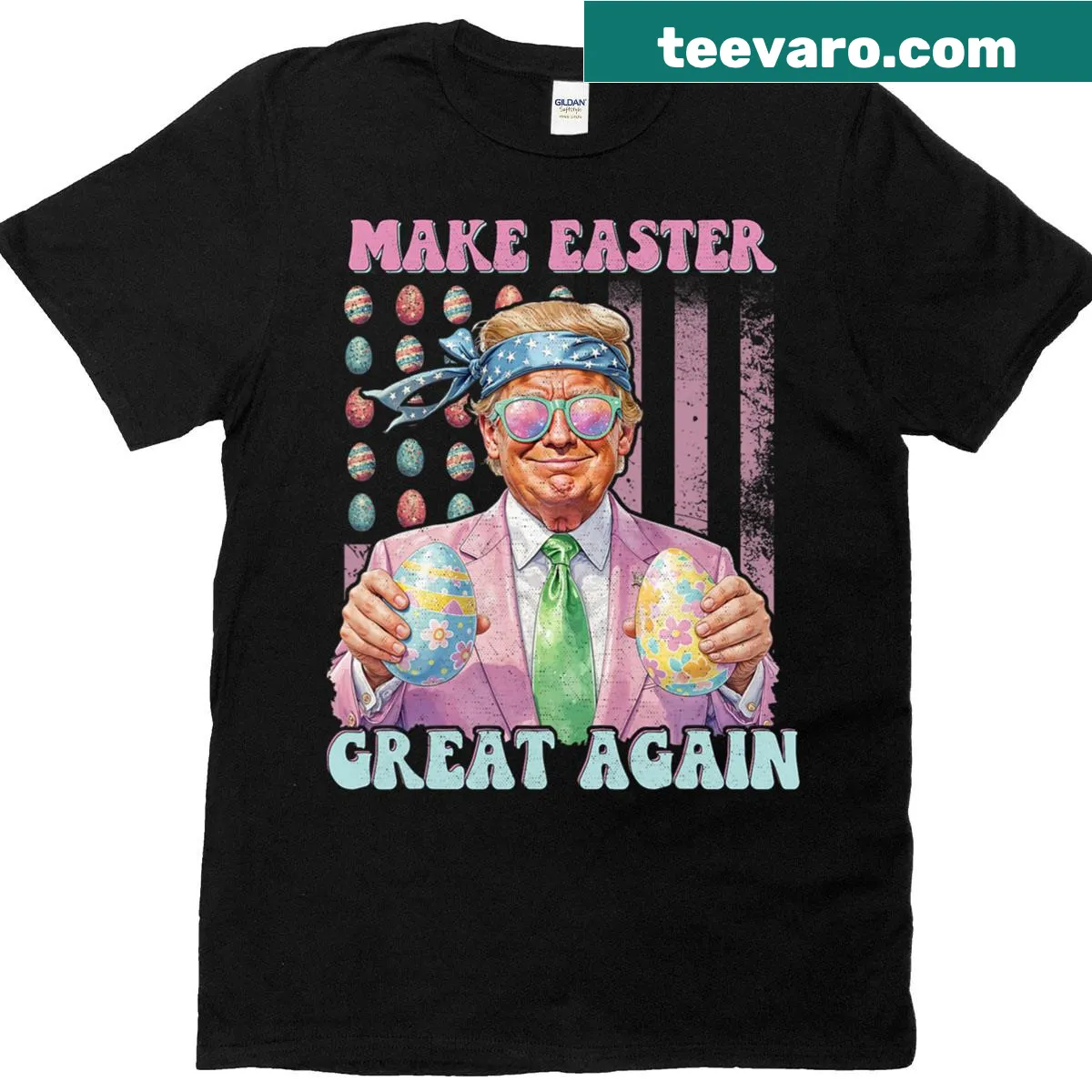 Funny Easter shirt with 'Make Easter Great Again' and egg graphics — on a men's t-shirt