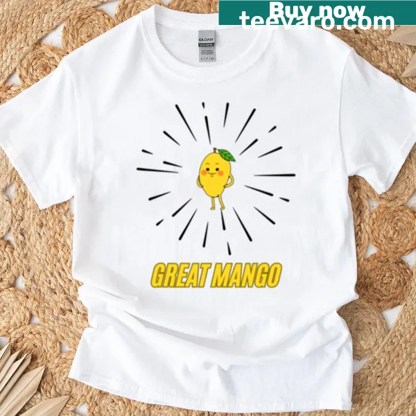 Whimsical mango graphic on a casual t-shirt