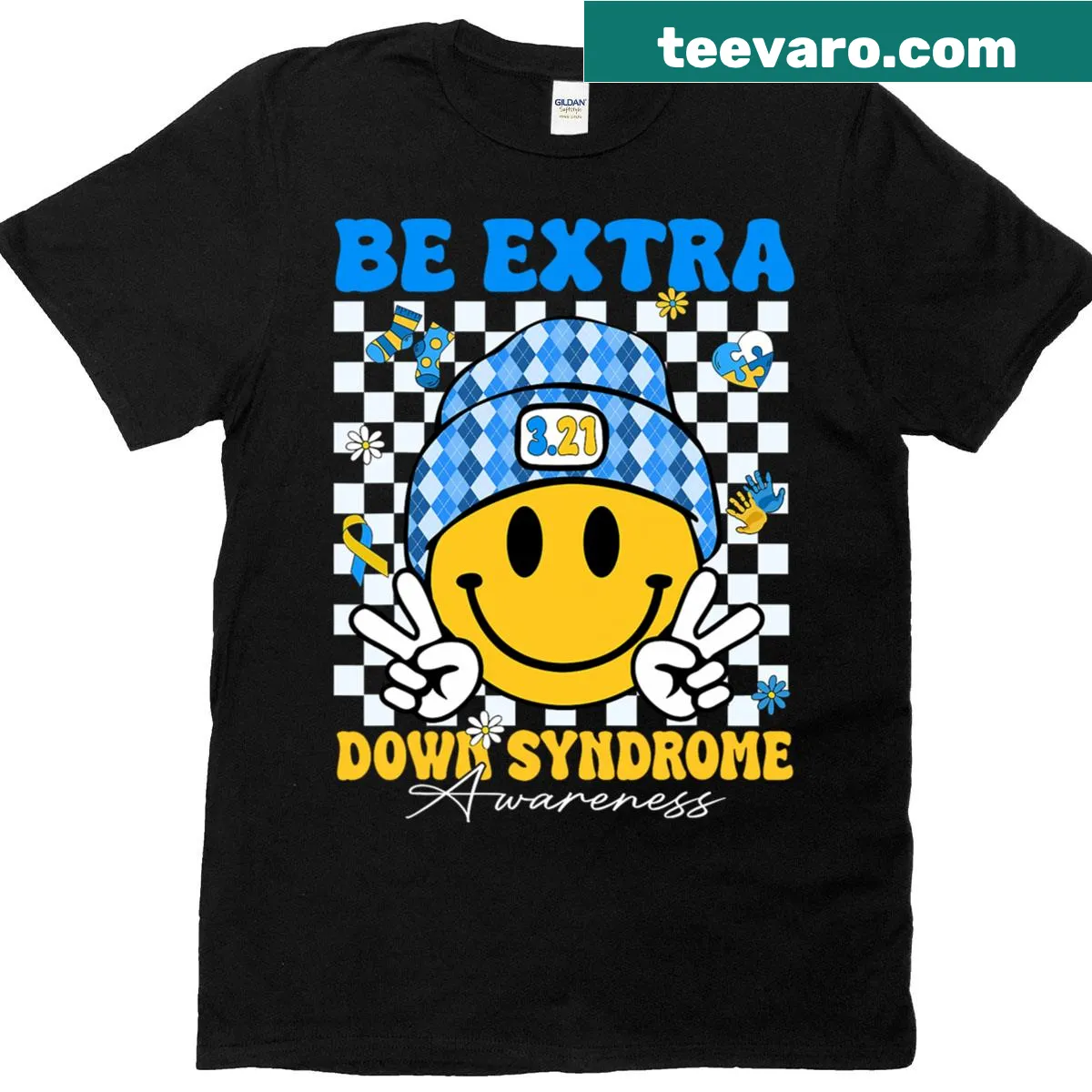 Men's t-shirt with a smiley face and 'Be Extra' text for Down Syndrome awareness. — on a men's t-shirt