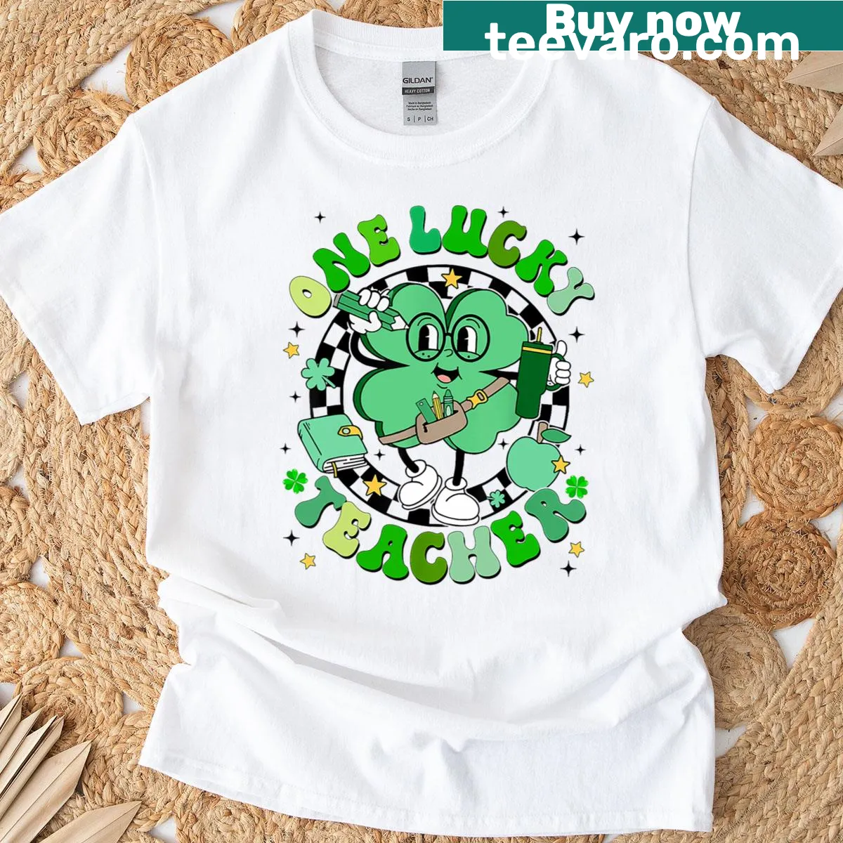 Shamrock graphic with 'One Lucky Teacher' on a t-shirt — on a men's t-shirt