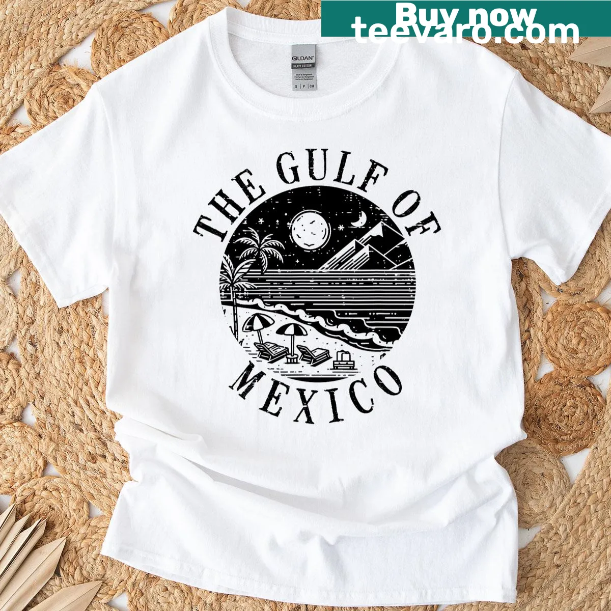 Beach sunset illustration of the Gulf of Mexico on a t-shirt — on a men's t-shirt
