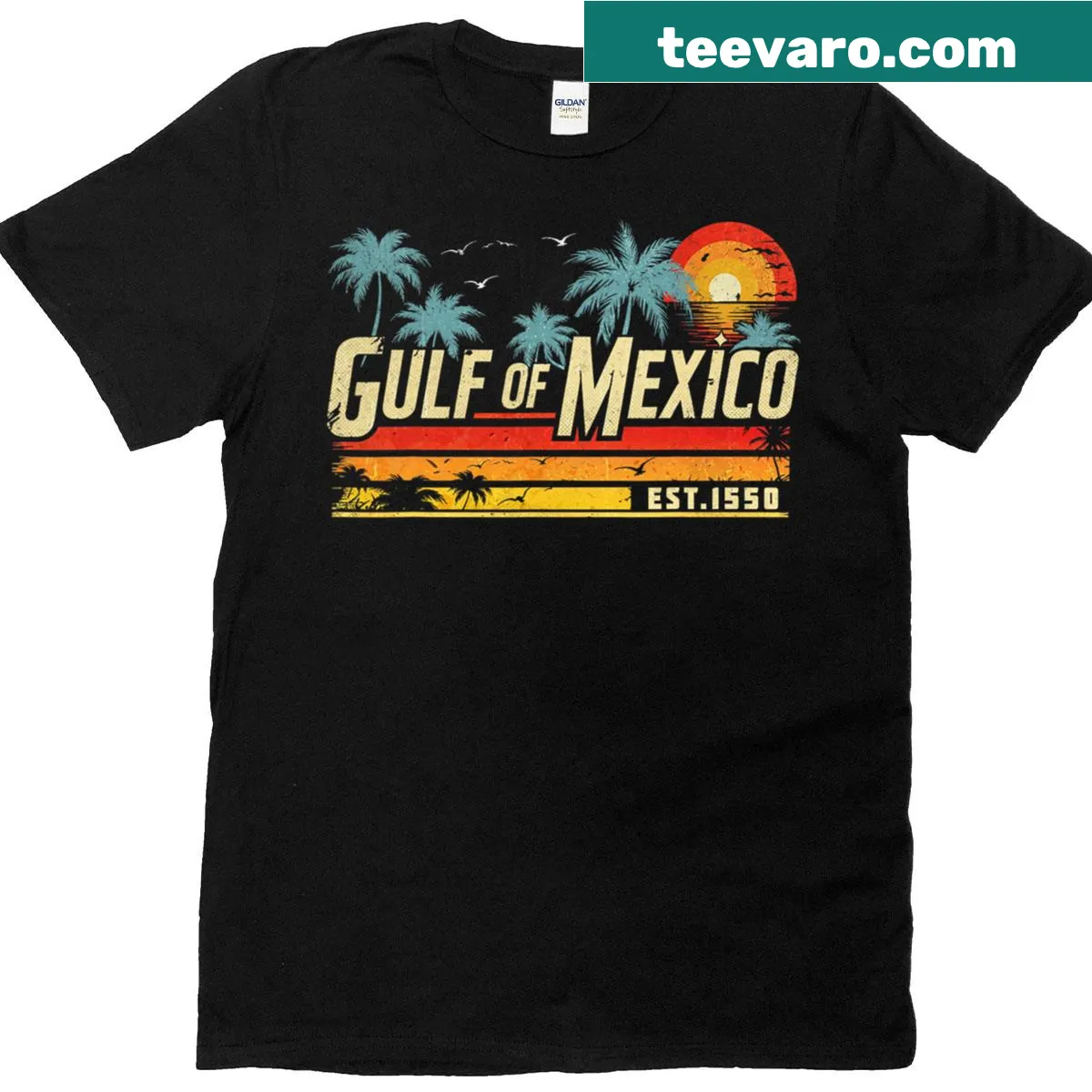 Vintage Gulf of Mexico T-shirt featuring a sunset over the waves — on a men's t-shirt