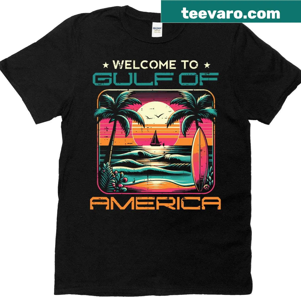 Illustration of a sunset over the Gulf on a T-shirt — on a men's t-shirt