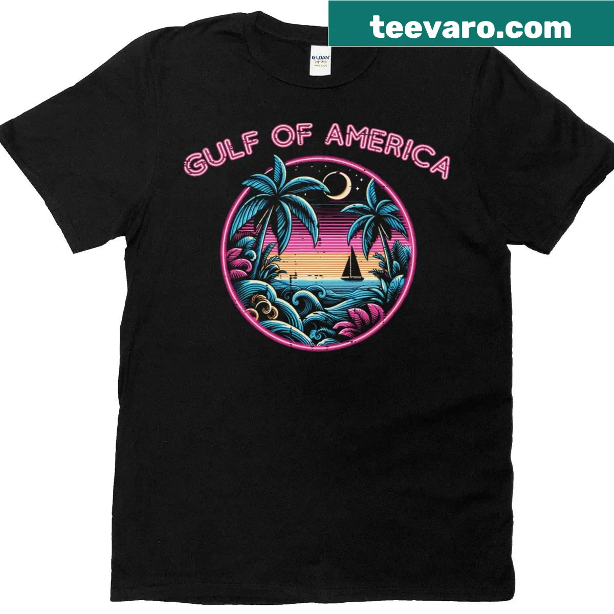 Retro-style T-shirt with sunset design over the Gulf — on a men's t-shirt