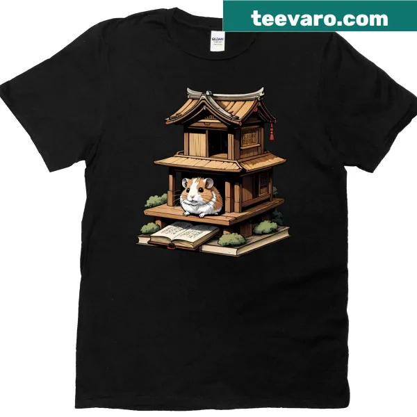 Cute T-shirt featuring a cartoon hamster in a library