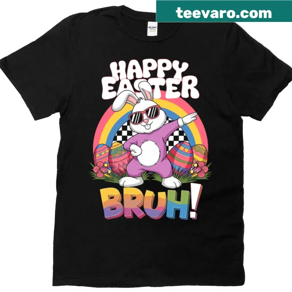 Cartoon Easter-themed t-shirt featuring a cool bunny and eggs