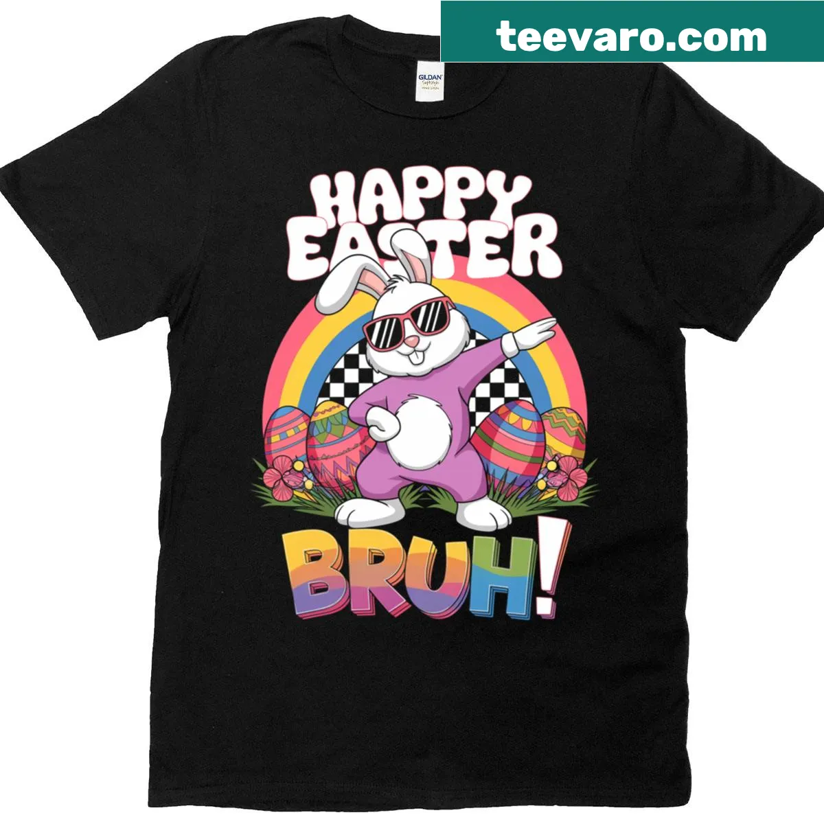 Cartoon Easter-themed t-shirt featuring a cool bunny and eggs — on a men's t-shirt