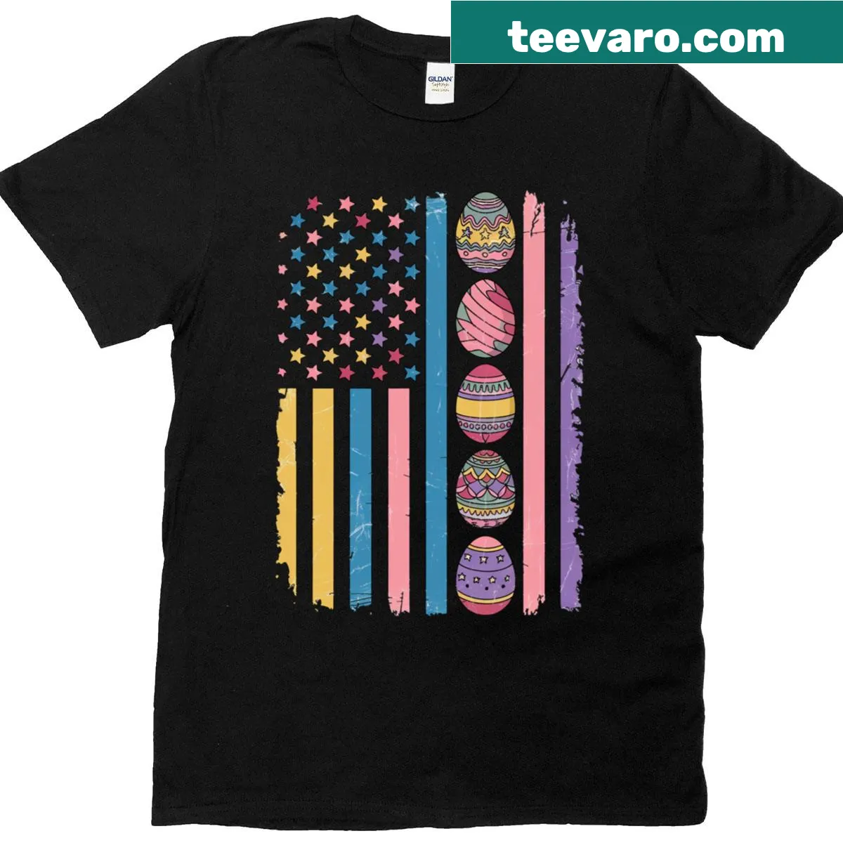 Easter t-shirt featuring egg hunt graphics and American flag — on a men's t-shirt