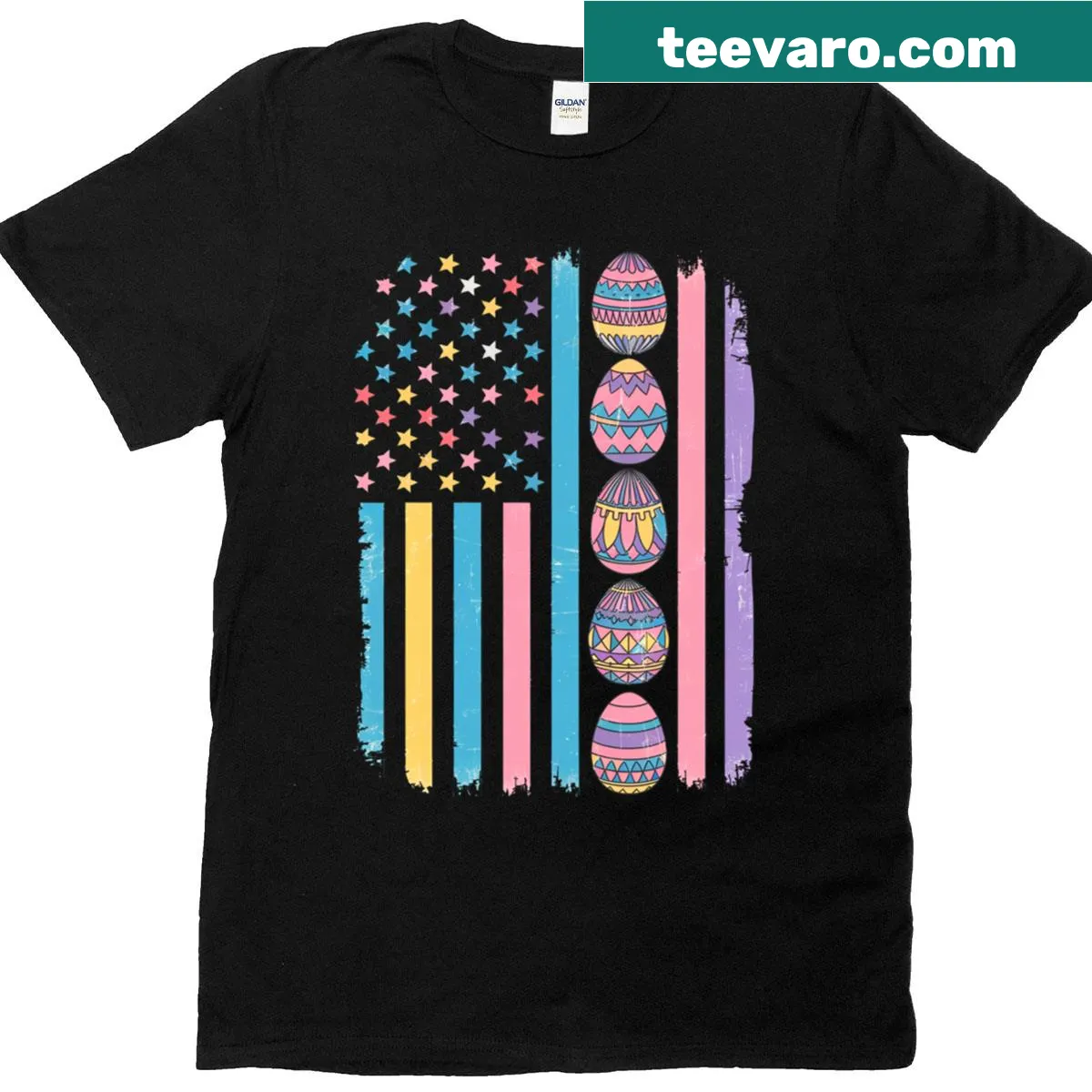 Easter eggs with American flag design on T-shirt — on a men's t-shirt