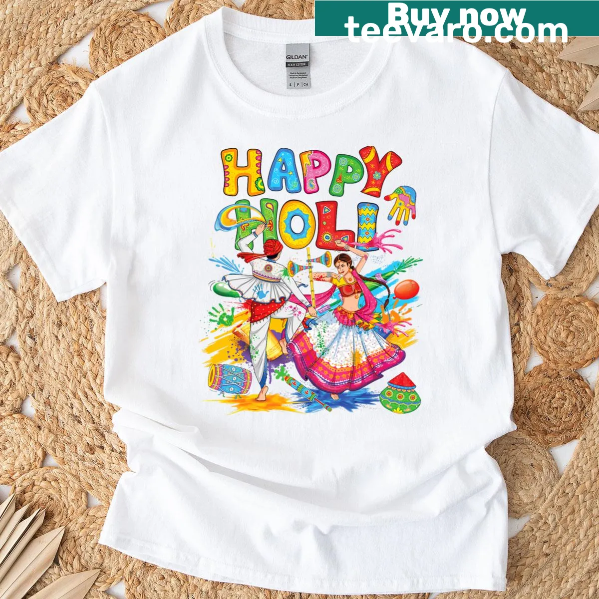 Kids t-shirt for Holi festival featuring colorful festive graphics — on a men's t-shirt
