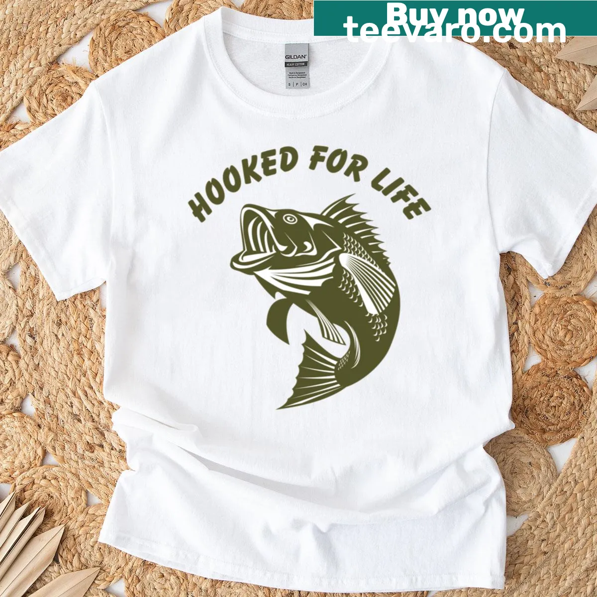 Hooked For Life fishing graphic on T-shirt — on a men's t-shirt