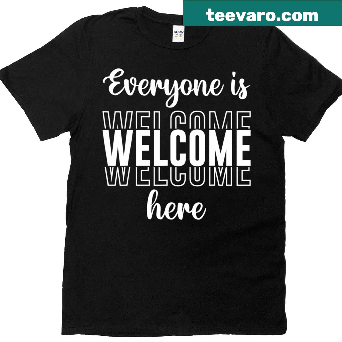 Teacher support t-shirt with 'Everyone Is Welcome Here' text. — on a men's t-shirt