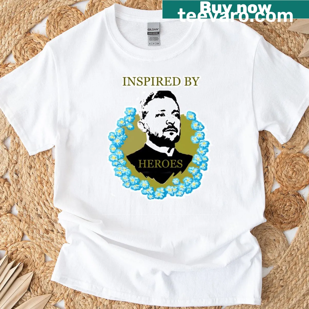 Inspiring typography shirt with the phrase 'Inspired By Heroes' — on a men's t-shirt