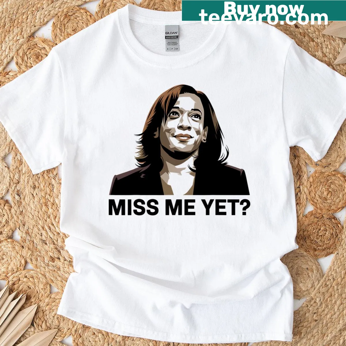 T-shirt with the phrase 'Kamala Harris Miss Me Yet?' in bold typography. — on a men's t-shirt
