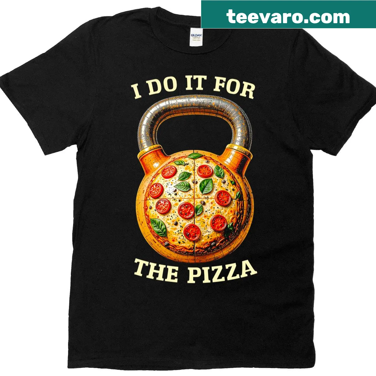 Funny fitness T-shirt stating 'I Do It For The Pizza' with kettlebell design. — on a men's t-shirt