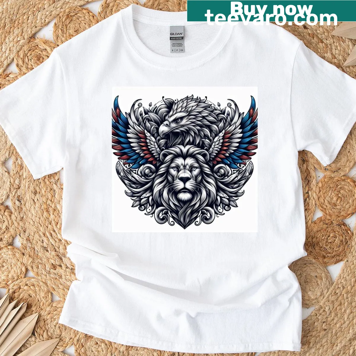 Artistic drawing of a lion and eagle combined design. — on a men's t-shirt
