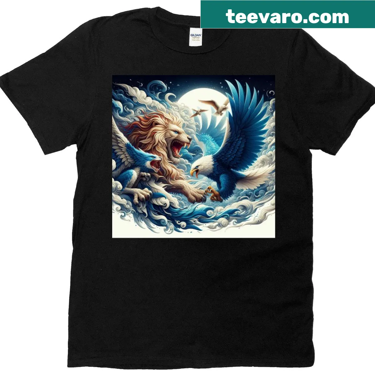 T-shirt featuring a roaring lion and eagle graphic illustration — on a men's t-shirt