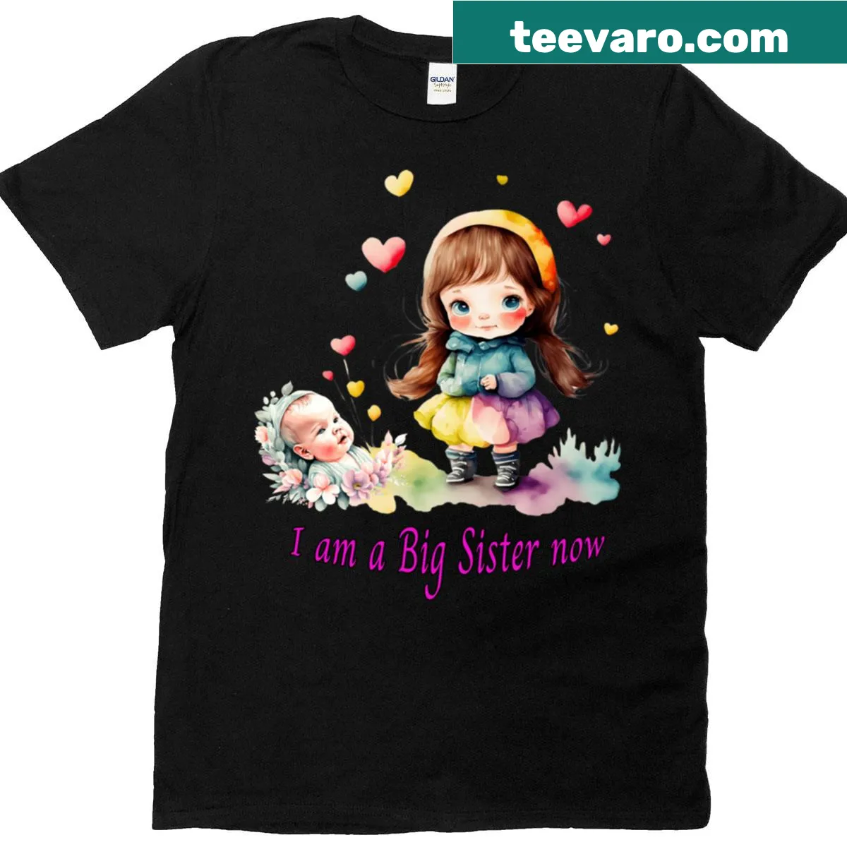 Illustration of a little girl showing off her new baby sister on T-shirt — on a men's t-shirt