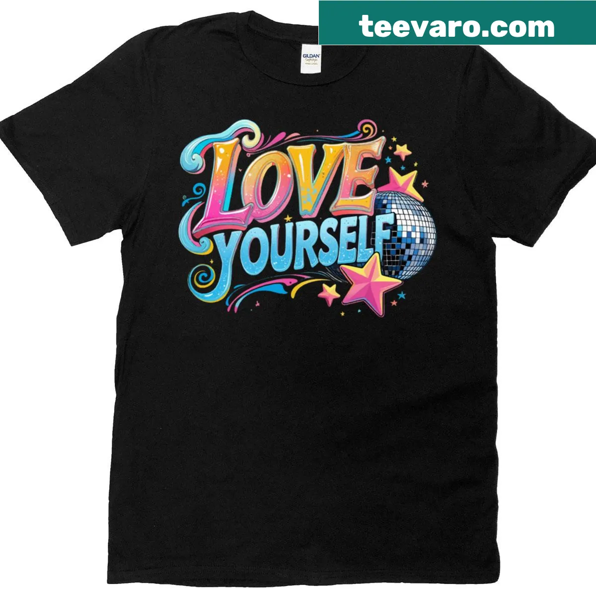 Colorful retro starburst motivational T-shirt — on a men's t-shirt