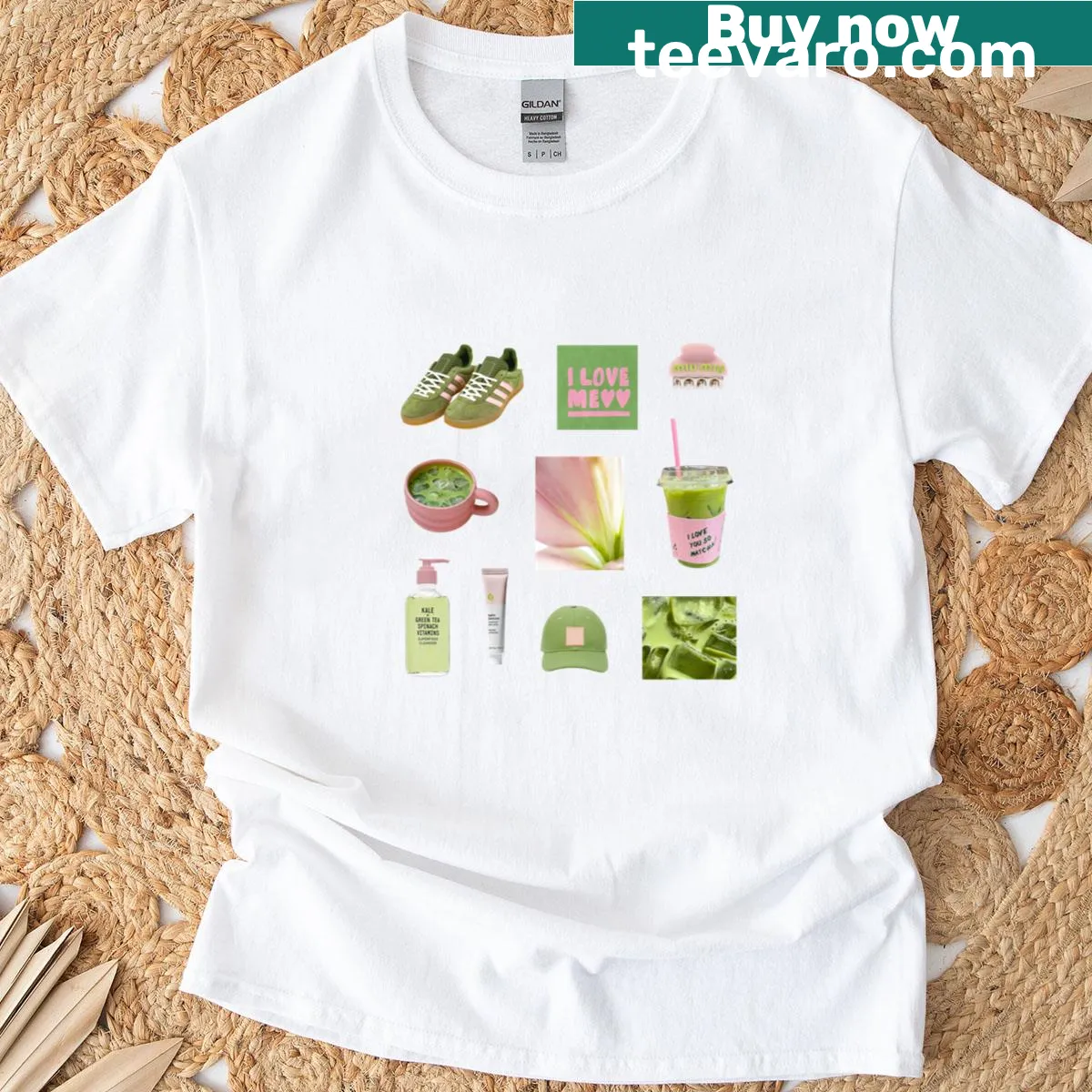 Playful abstract design T-shirt inspired by matcha and pink aesthetics — on a men's t-shirt