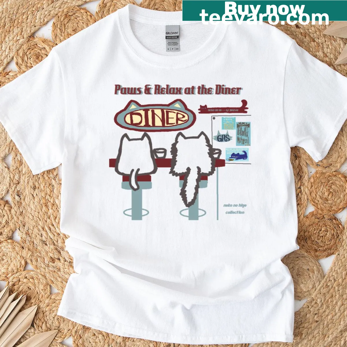 Cartoon cat with a paw-shaped menu on a T-shirt, themed like a diner — on a men's t-shirt
