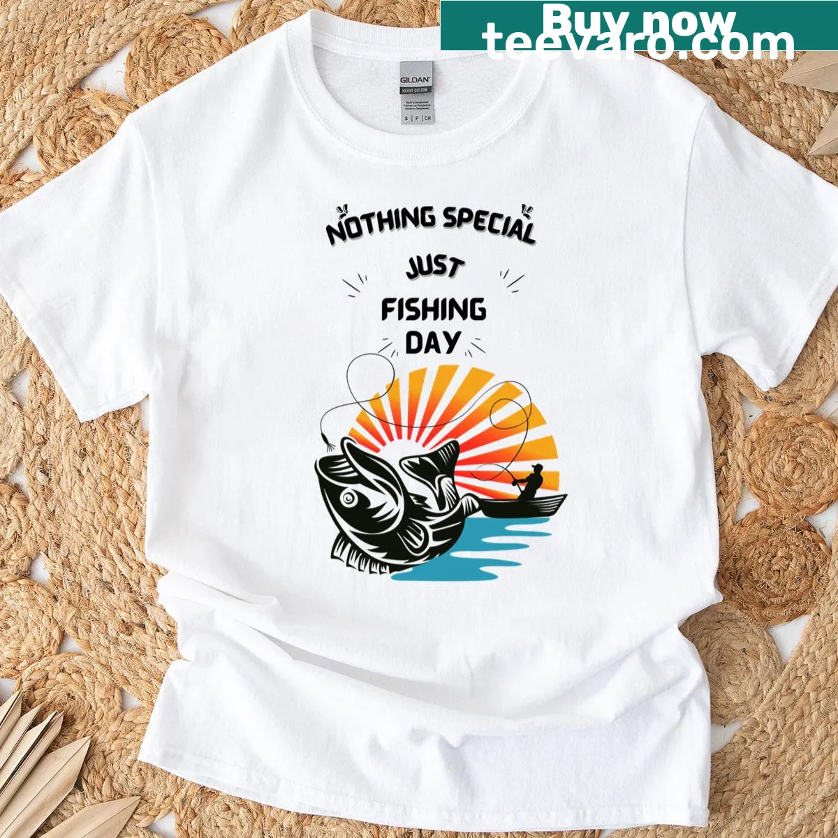 Wholesome T-shirt showcasing fishing gear and a serene water scene — on a men's t-shirt
