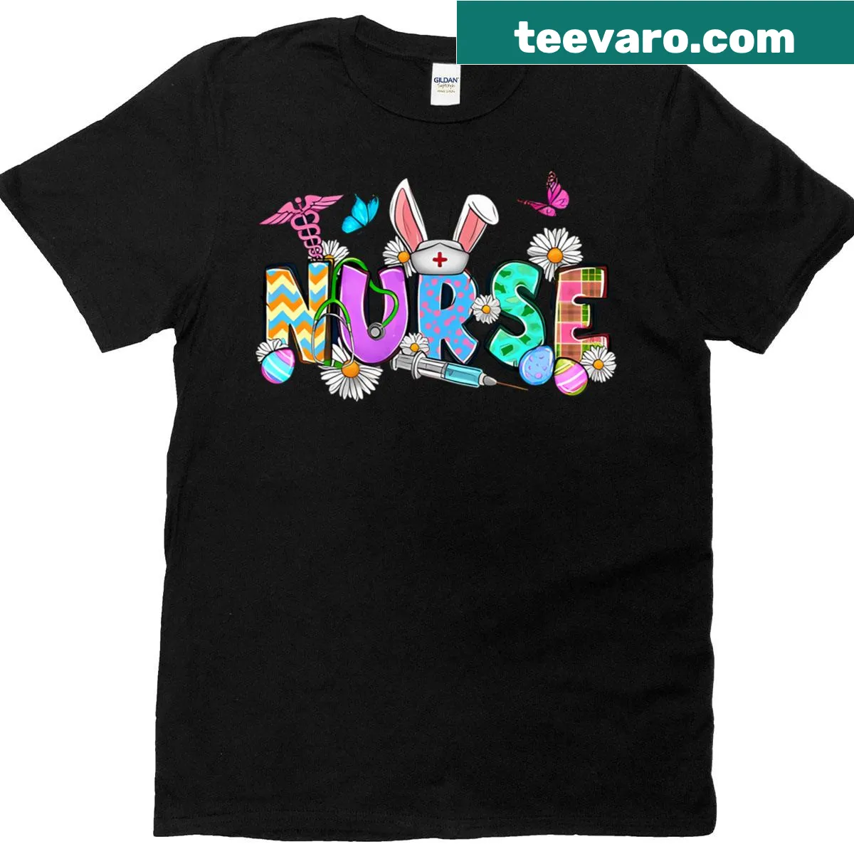 Cute Easter t-shirt for nurses featuring bunny ears and a stethoscope. — on a men's t-shirt