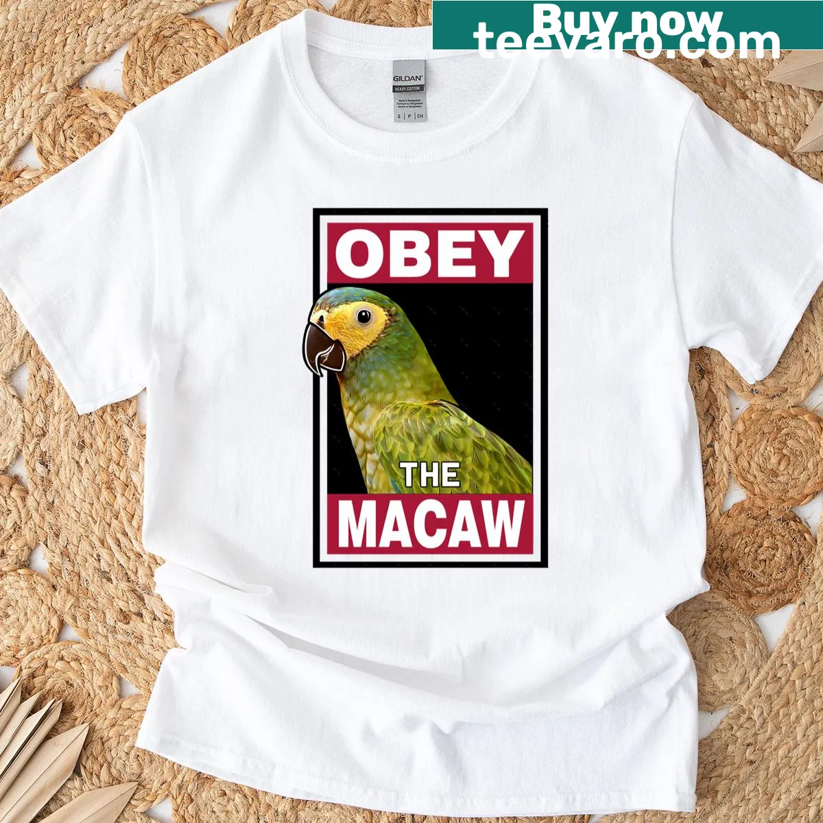 T-shirt featuring an illustration of a red-bellied macaw — on a men's t-shirt