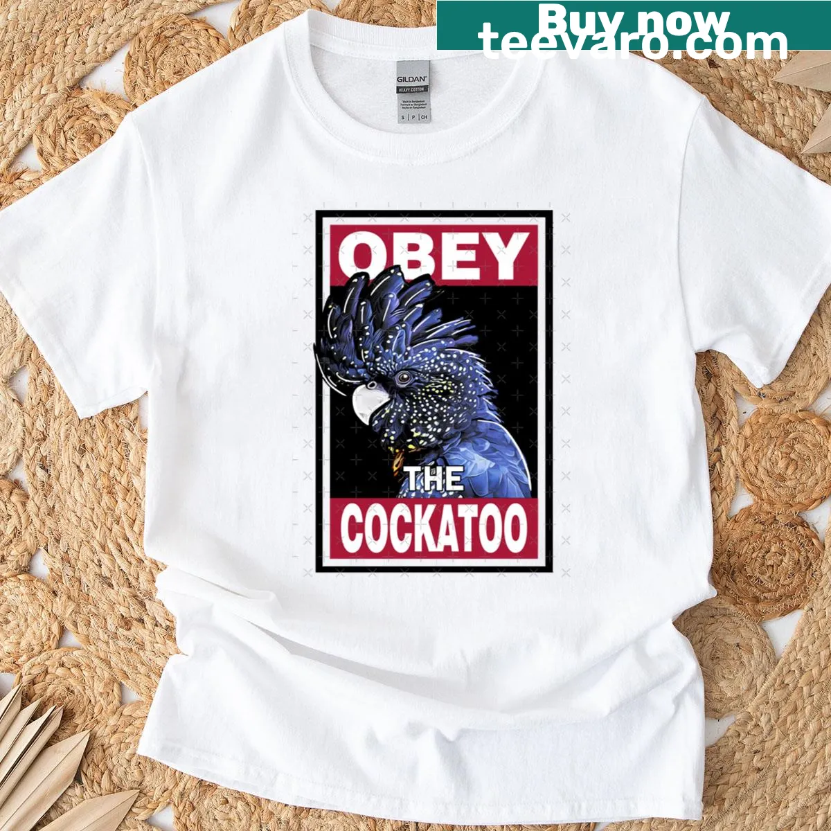 Illustration of a Red Tailed Black Cockatoo with text — on a men's t-shirt