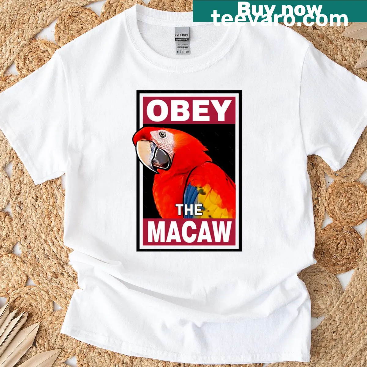T-shirt with the message 'Obey The Scarlet Macaw' featuring a macaw graphic. — on a men's t-shirt