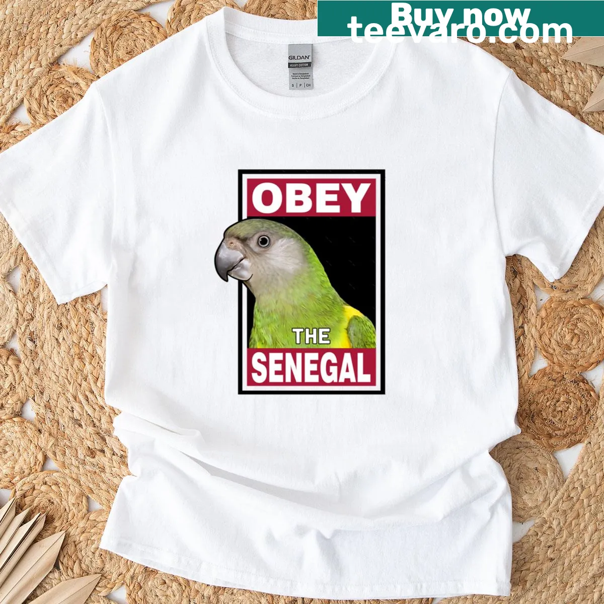 Illustration of a Senegal Parrot with text — on a men's t-shirt