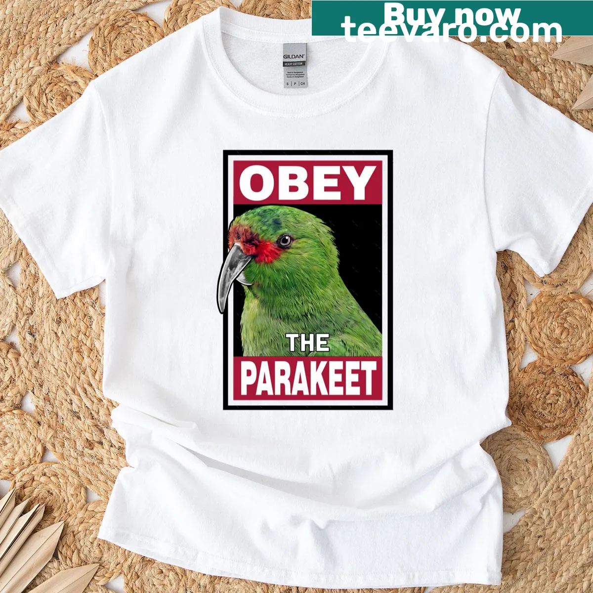 T-shirt featuring an illustration of a slender-billed parakeet — on a men's t-shirt