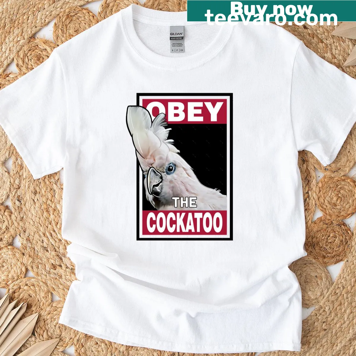 Illustration of a Solomons Cockatoo with text — on a men's t-shirt