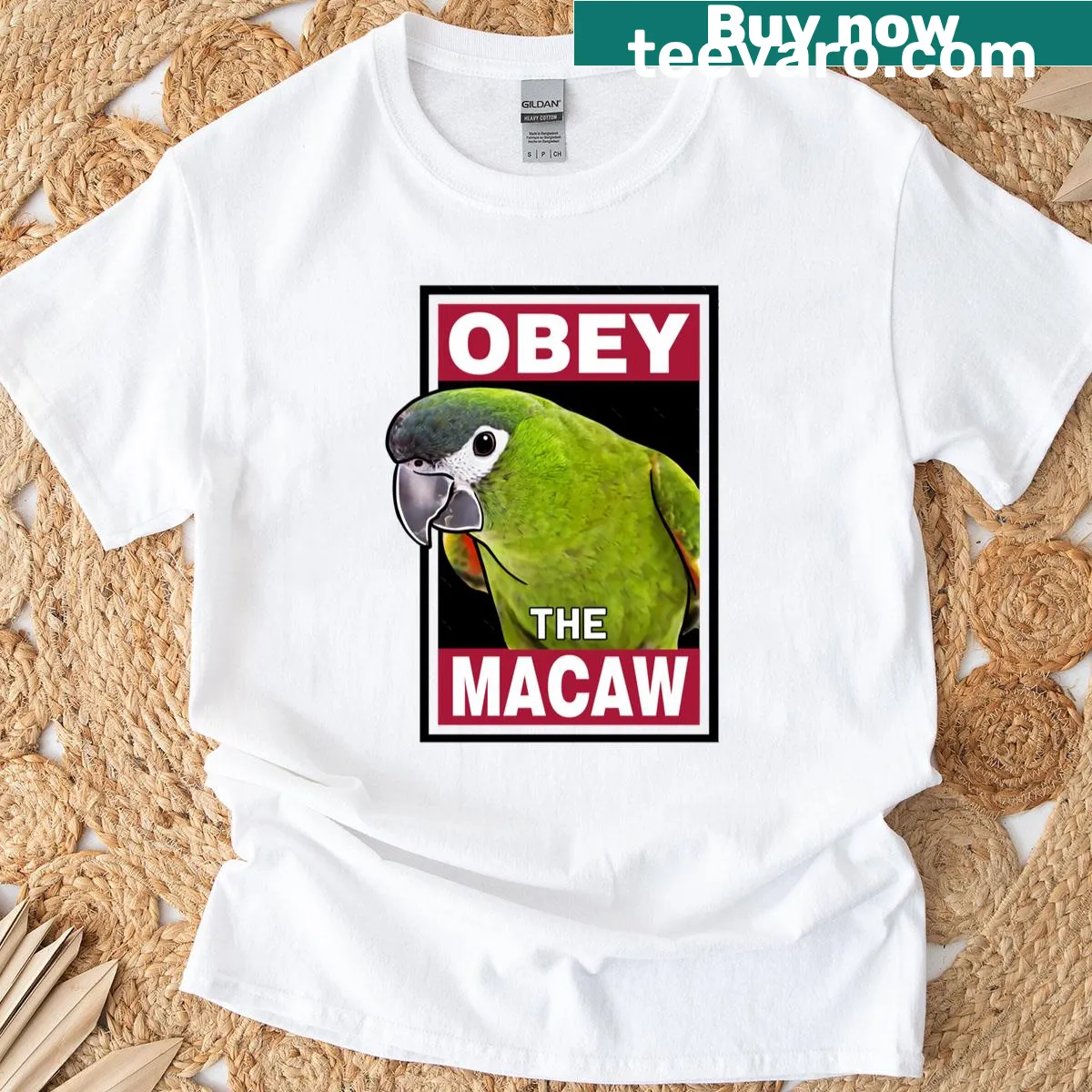 Playful typography shirt featuring the phrase 'Obey The Southern Red Shouldered Macaw.' — on a men's t-shirt