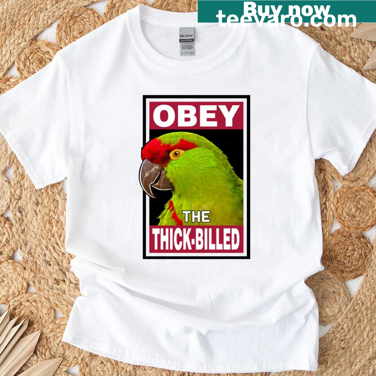 Illustrated thick-billed parrot with playful text design — on a men's t-shirt