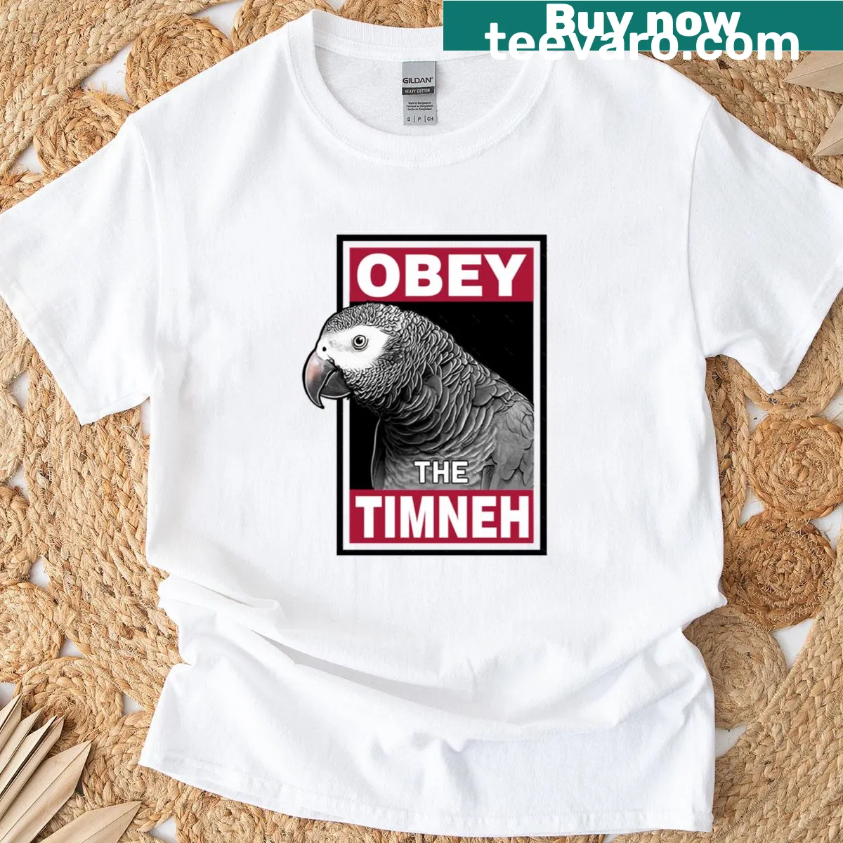 Illustrated t-shirt featuring a Timneh Parrot — on a men's t-shirt