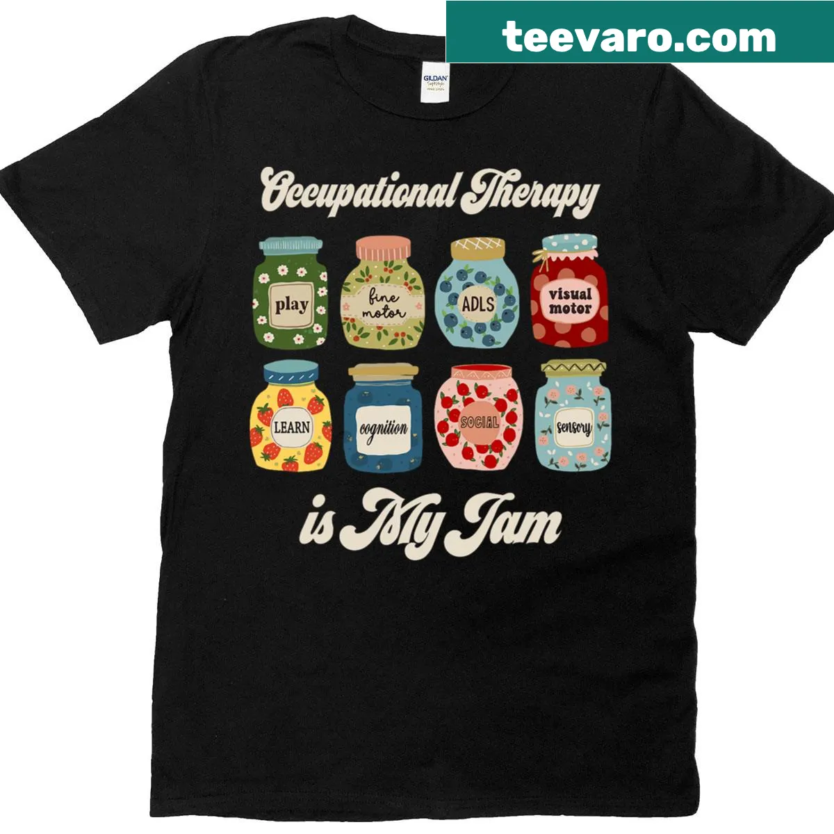 Typography design stating 'Occupational Therapy Is My Jam' on a therapist t-shirt — on a men's t-shirt