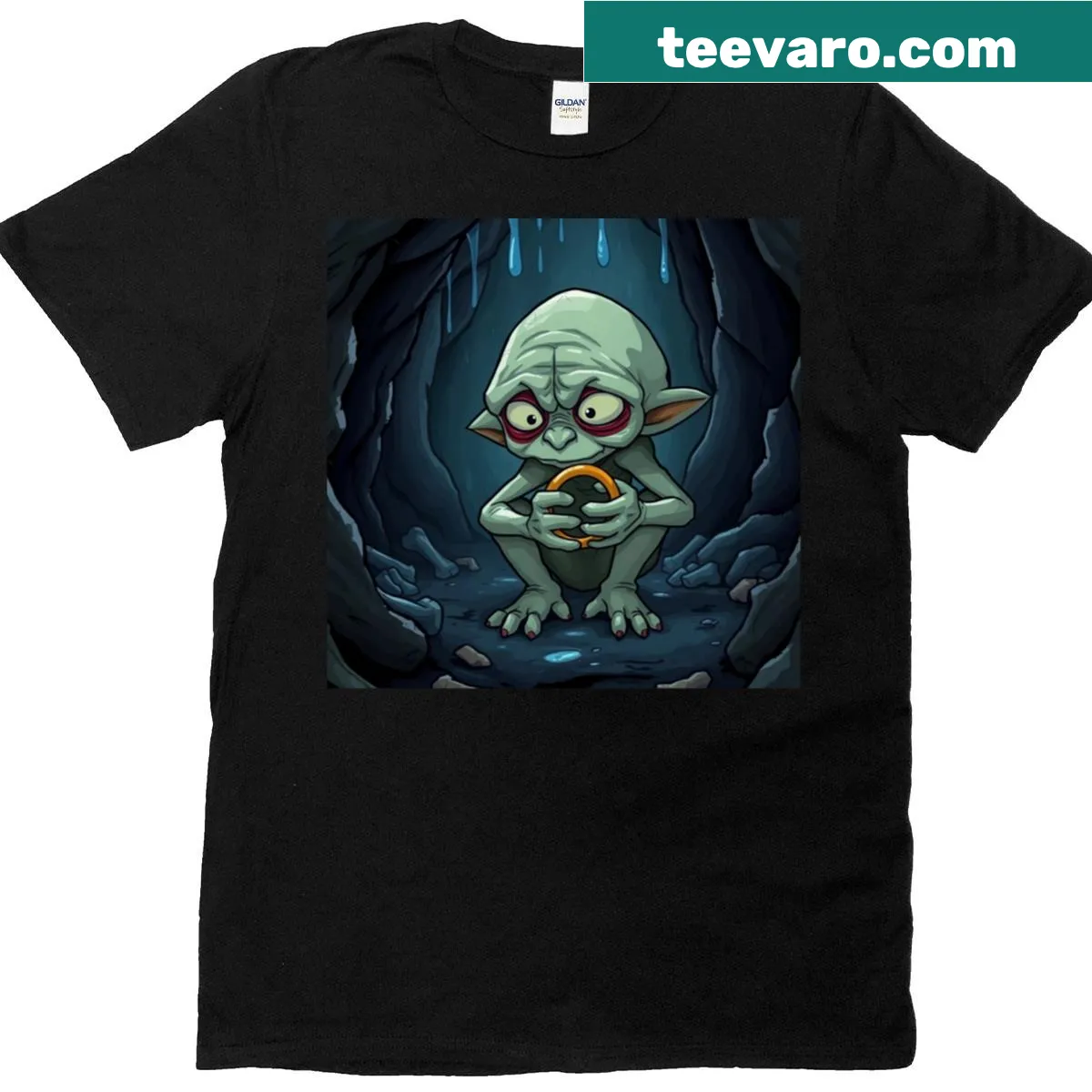 Illustrated One Ring inside a mysterious cave on a T-shirt — on a men's t-shirt