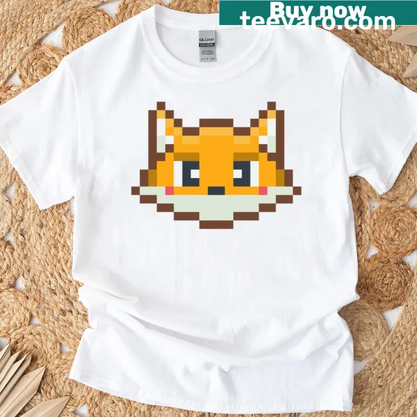 Retro pixel art of an orange fox on a T-shirt