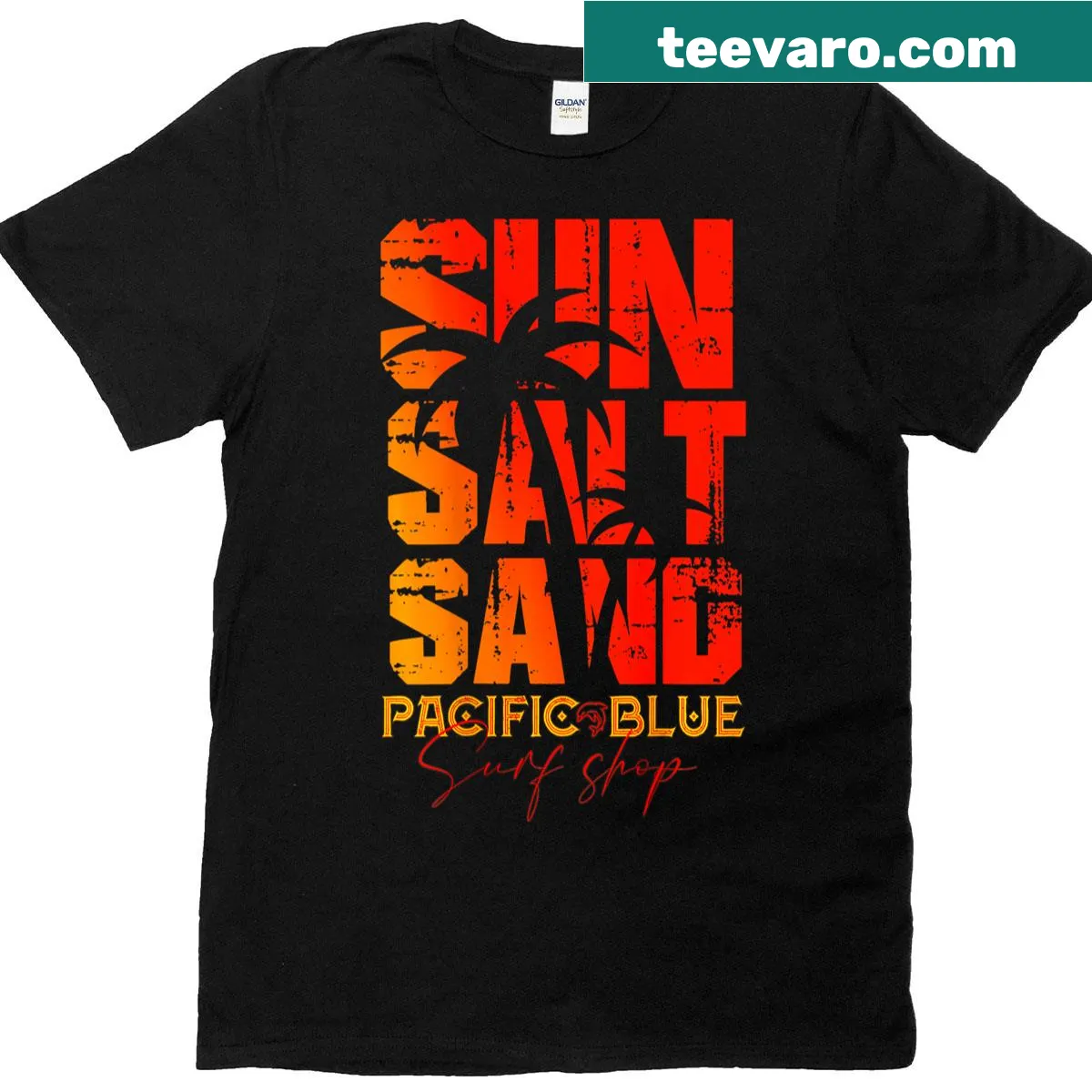 Pacific Blue Surf Shop tee with sunset illustration for surf lovers — on a men's t-shirt