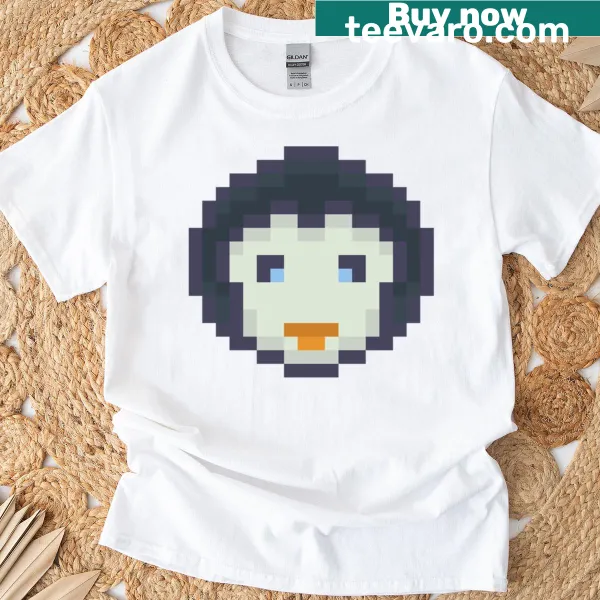 Pixel art T-shirt featuring a cute penguin