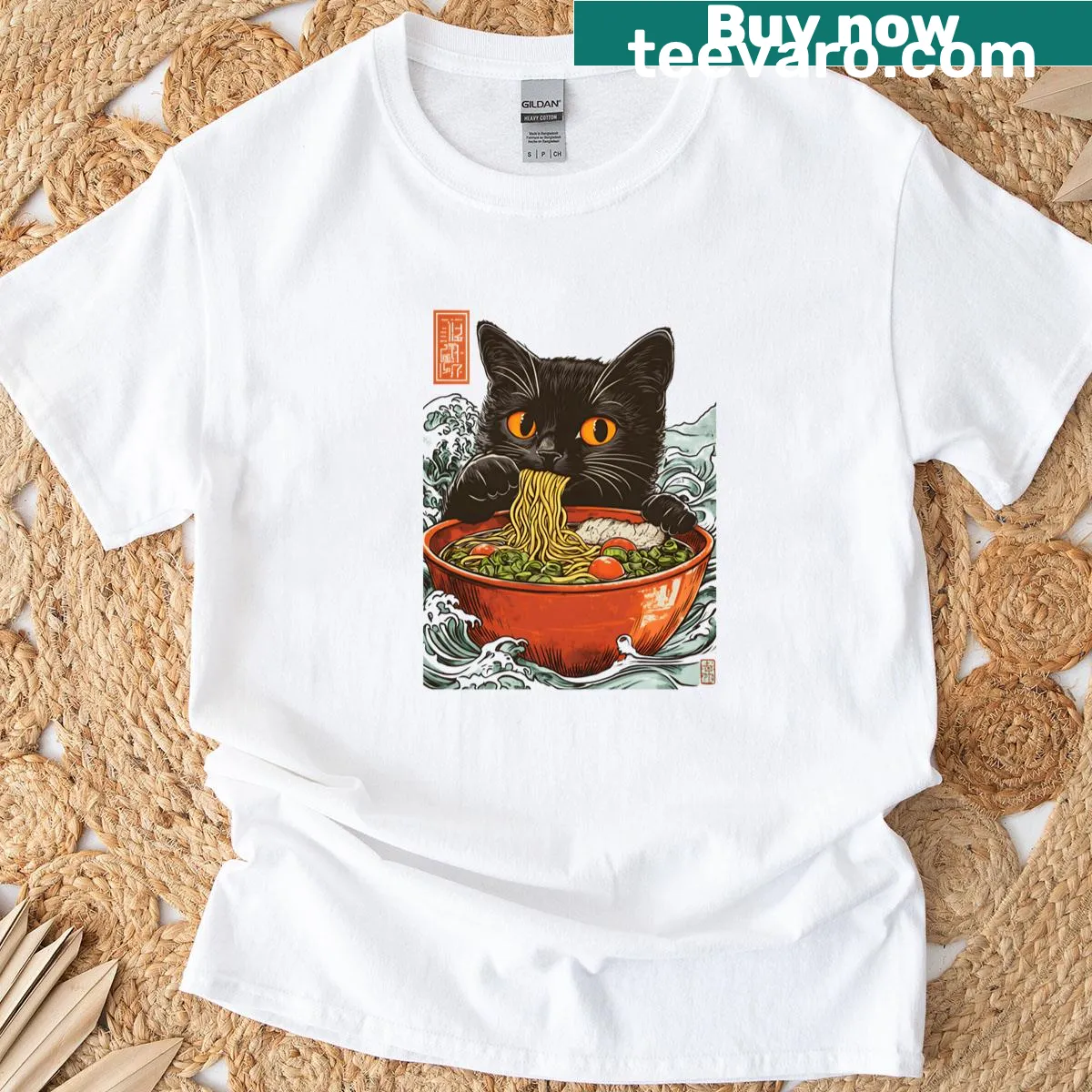 Cute cat in a bowl of ramen design — on a men's t-shirt