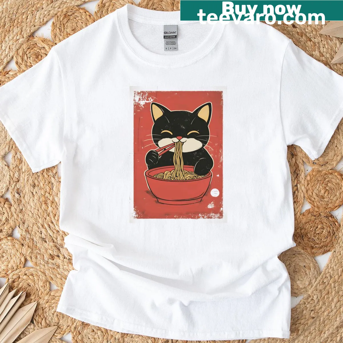 Cute ramen cat design on T-shirt — on a men's t-shirt