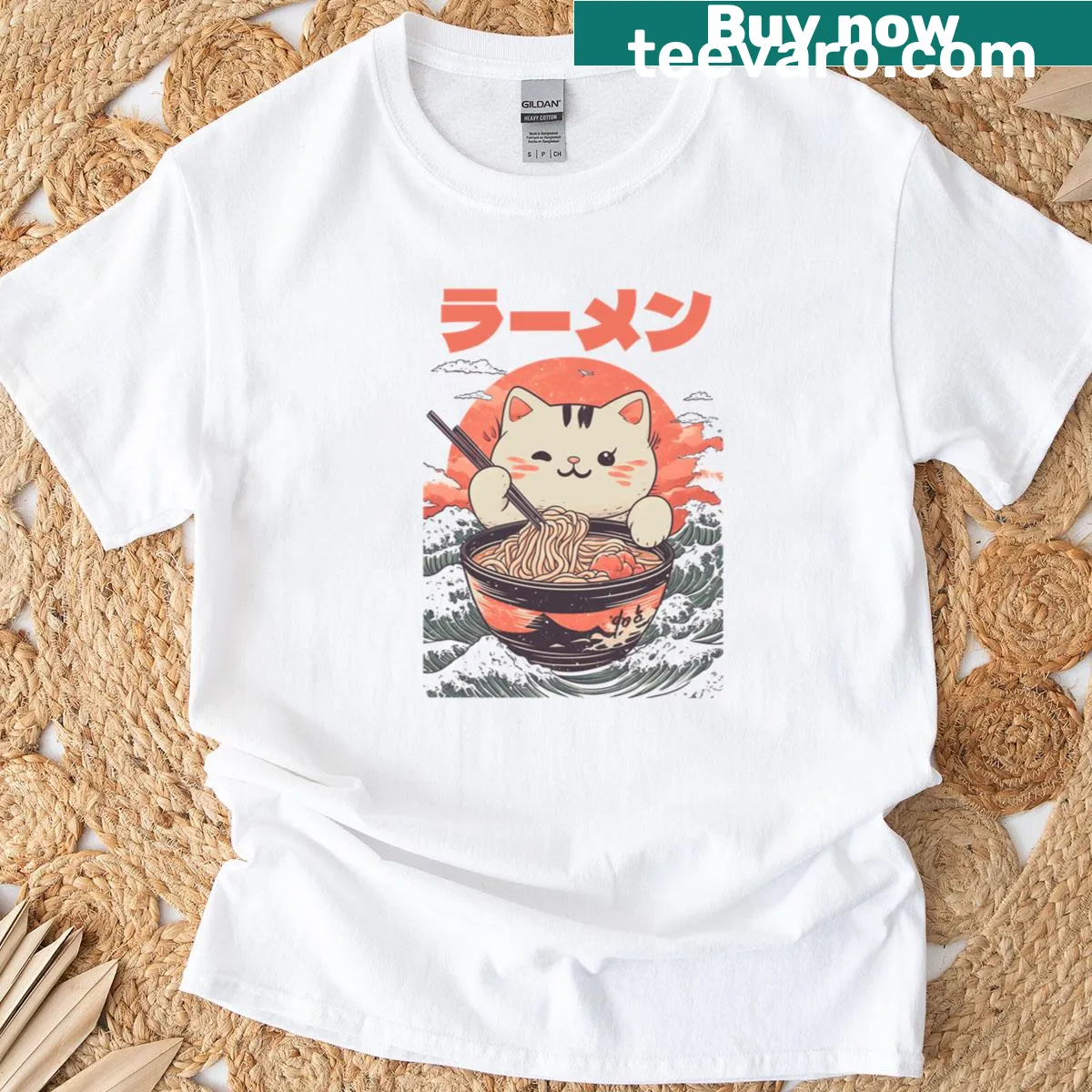 Cute cat in a ramen bowl illustration t-shirt — on a men's t-shirt