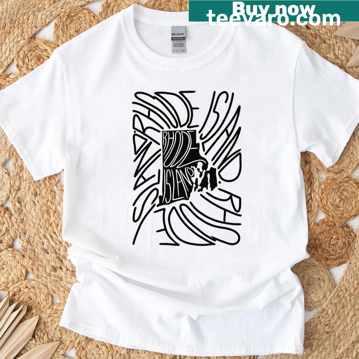 Minimalist T-shirt featuring Rhode Island map and flag — on a men's t-shirt