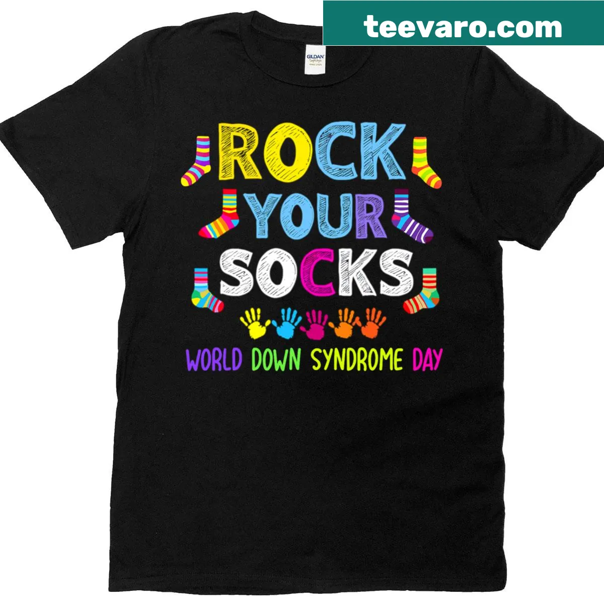 Cartoon design promoting World Down Syndrome Day with the phrase 'Rock Your Socks' — on a men's t-shirt