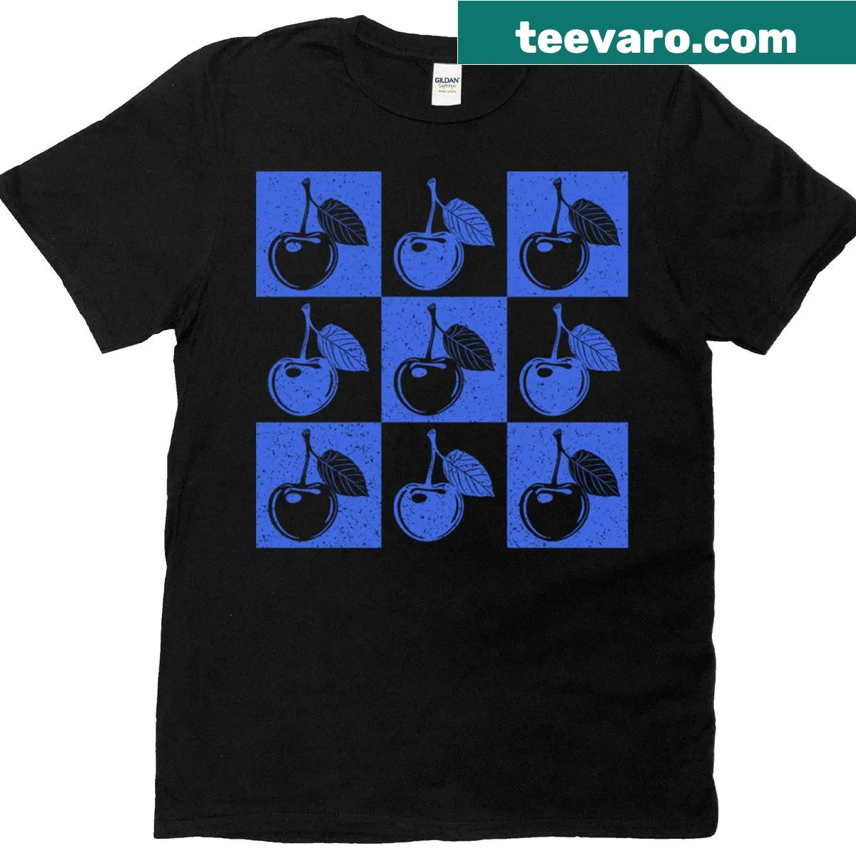 Pop art style T-shirt with cherries graphic on a royal blue background — on a men's t-shirt
